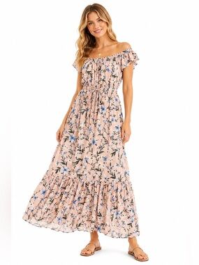 American Eagle Floral Maxi Dress Large Pink Blue Off Shoulder Boho Prairie